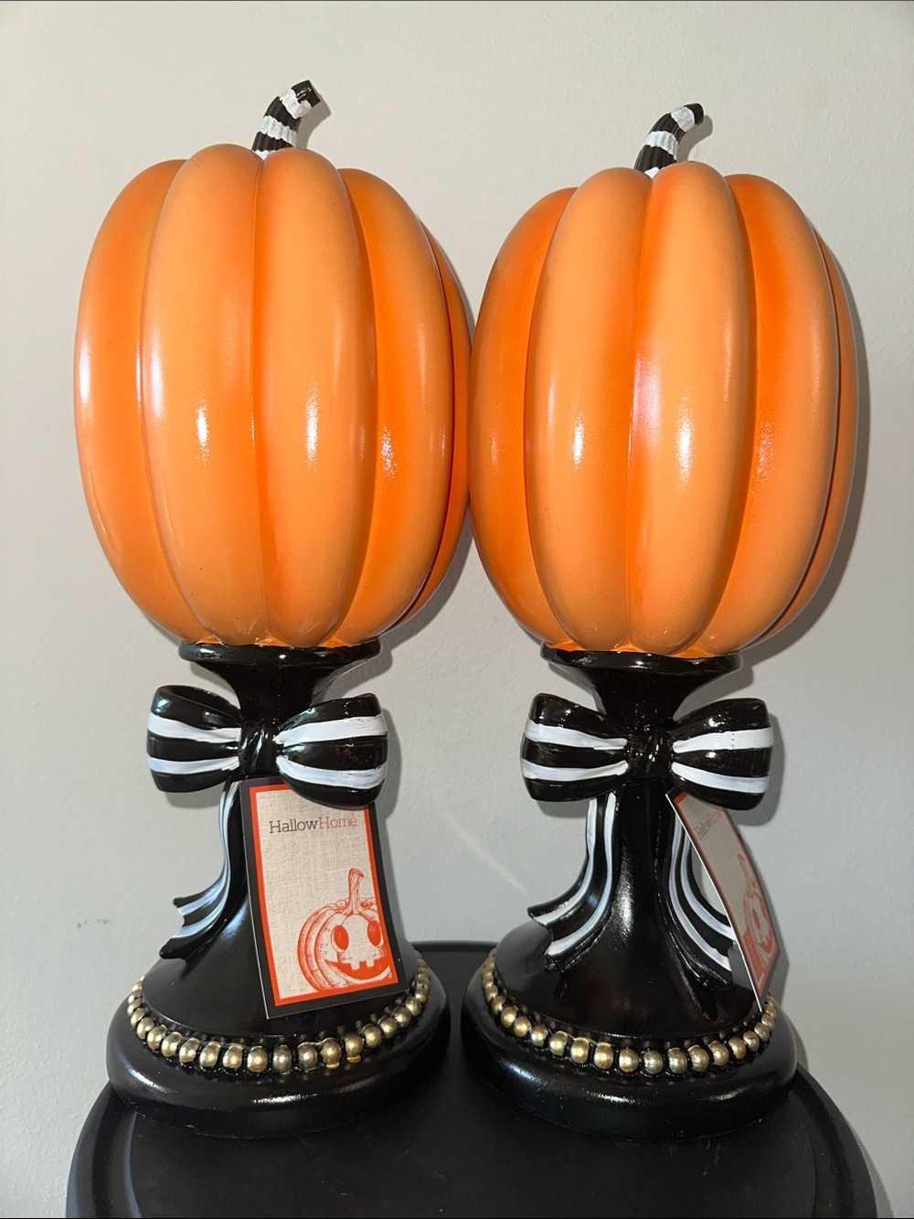 Decorative Orange Pumpkin Pair Holiday Accent with Black Bow on pedestal